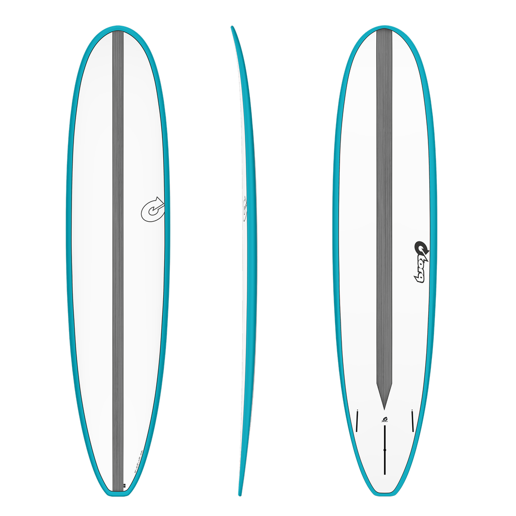 torq TET 8´6 - Longboard - White + Carbon Strip + Teal Rails